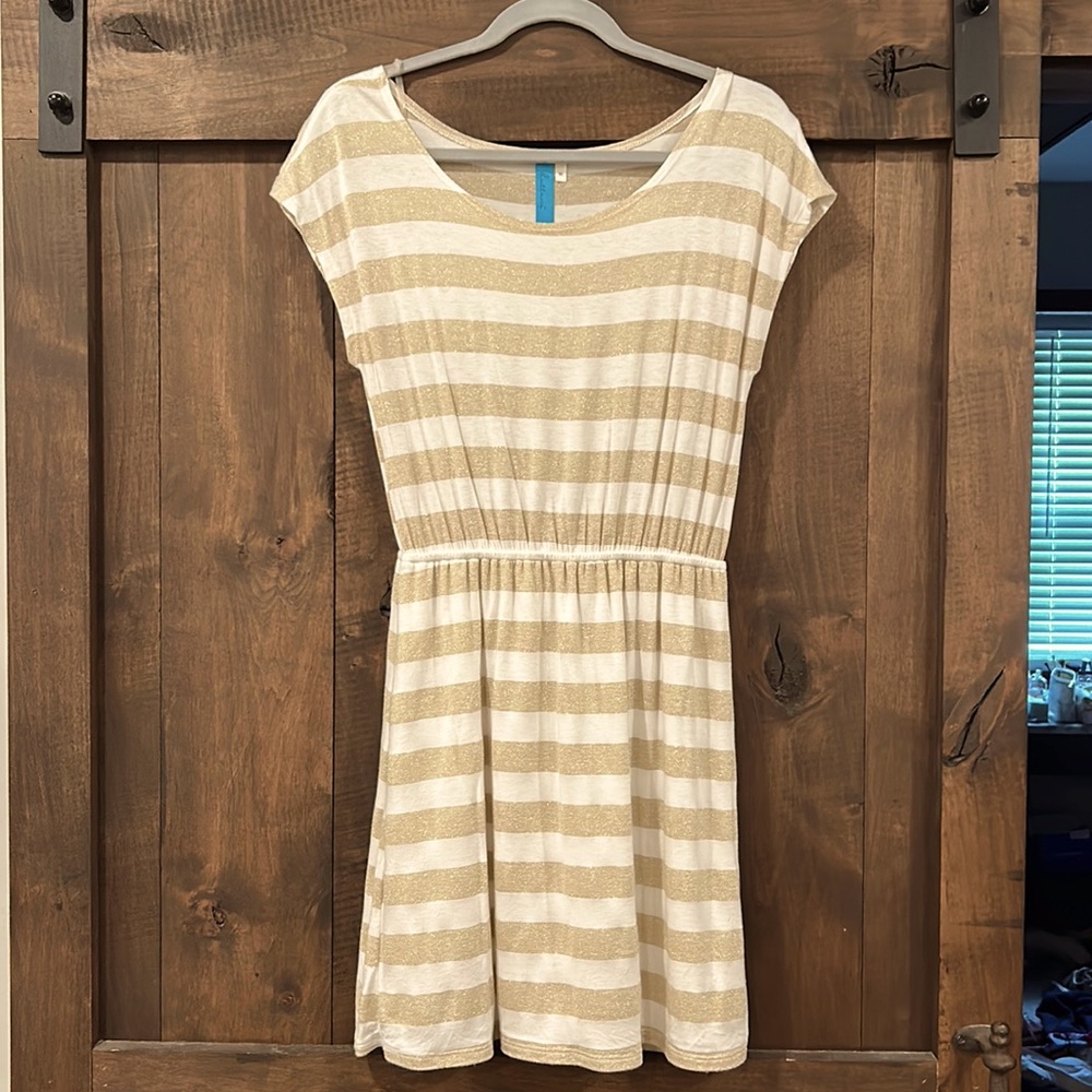 White and gold striped dress